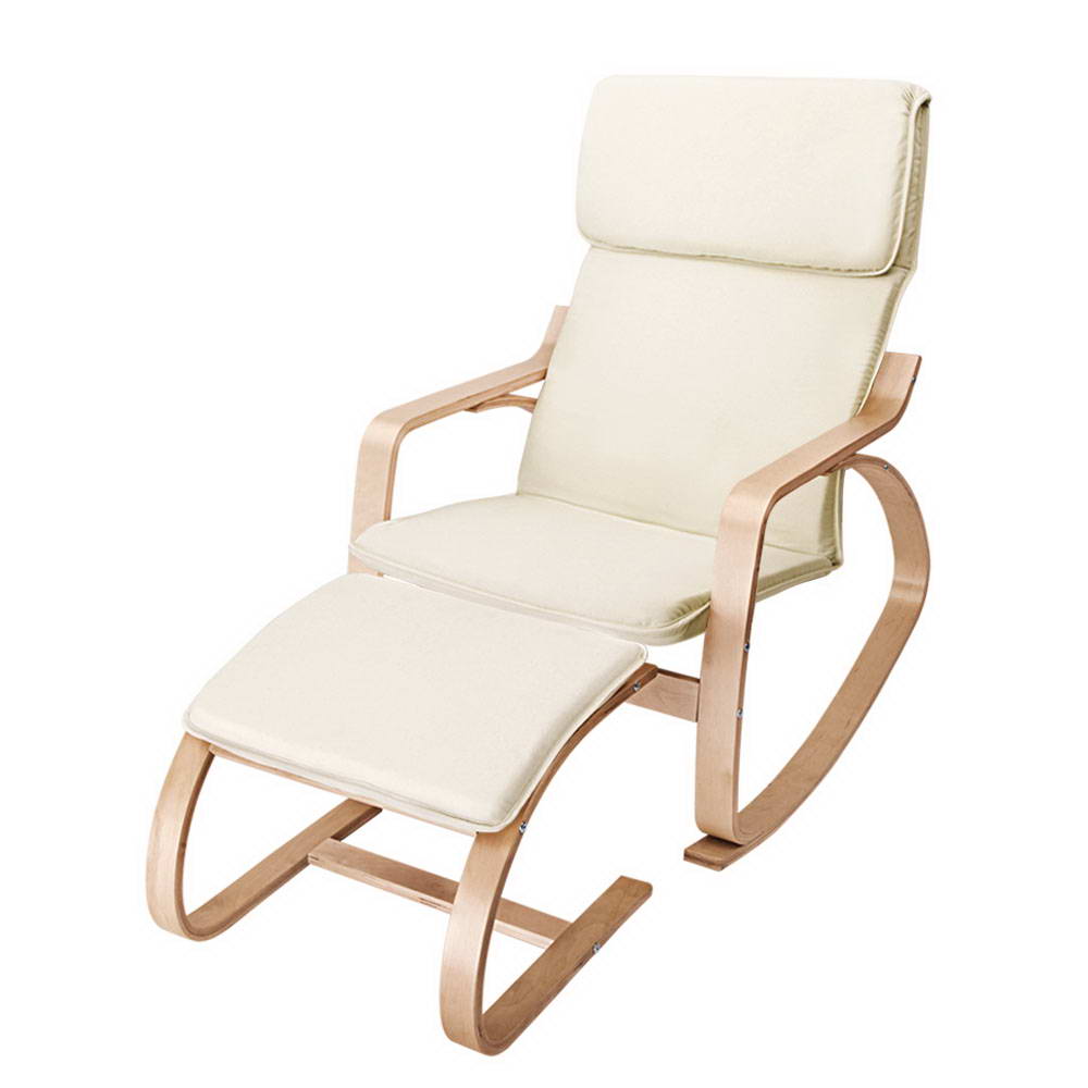 Wooden Rocking Armchair with Foot Stool - Beige