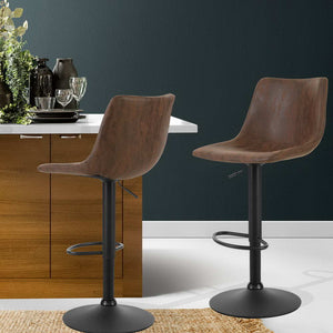 2x Chair Stools - Classic Vintage Leather - Gas Lift/Swivel - Brown, Black