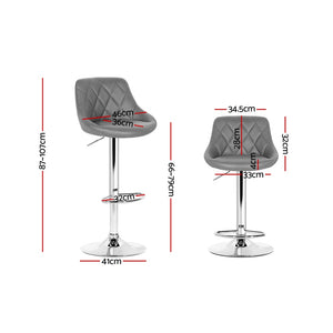 2x Chair Stools Leather/Chrome - Gas Lift - Swivel - Motif Backrest - Grey