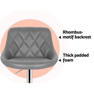 2x Chair Stools Leather/Chrome - Gas Lift - Swivel - Motif Backrest - Grey