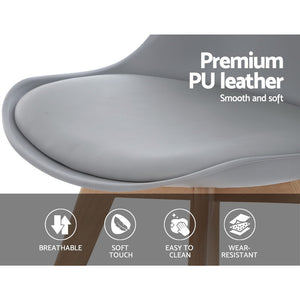 4x Retro Replica Eames Chairs - PU Leather - Beech Wood Legs - Grey