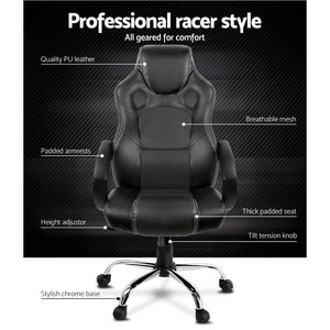 Gaming Chair - Racing Style - PU Leather - Gas Lift/Swivel - Lumbar Support - Padded Armrests - 6 Colours (Black, Blue, Green, Grey, Orange, Red)
