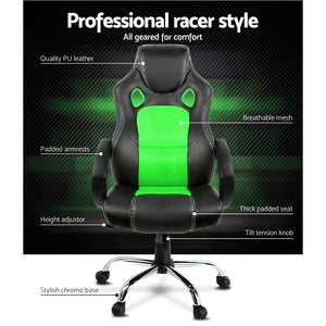 Gaming Chair - Racing Style - PU Leather - Gas Lift/Swivel - Lumbar Support - Padded Armrests - 6 Colours (Black, Blue, Green, Grey, Orange, Red)