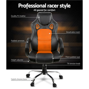 Gaming Chair - Racing Style - PU Leather - Gas Lift/Swivel - Lumbar Support - Padded Armrests - 6 Colours (Black, Blue, Green, Grey, Orange, Red)