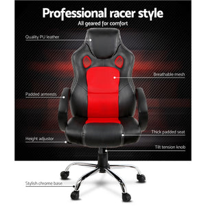 Gaming Chair - Racing Style - PU Leather - Gas Lift/Swivel - Lumbar Support - Padded Armrests - 6 Colours (Black, Blue, Green, Grey, Orange, Red)