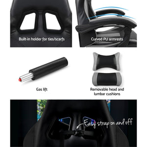 Gaming Chair - Racer Style - High Back - Lumbar Cushion - Recliner - Gas Lift/Swivel - 3 Colours - (Black-Blue, Black-Grey, Black-Red)