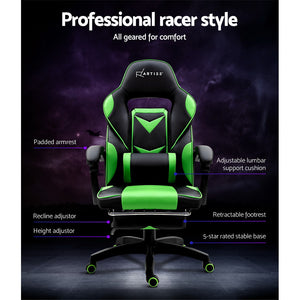 Gaming-Office-Study Chair - PU Leather Rotatable Recliner - Retractable Footrest - 7 Colours - Pink, Blue, Green, Grey, Red, White, Yellow