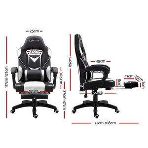 Gaming-Office-Study Chair - PU Leather Rotatable Recliner - Retractable Footrest - 7 Colours - Pink, Blue, Green, Grey, Red, White, Yellow